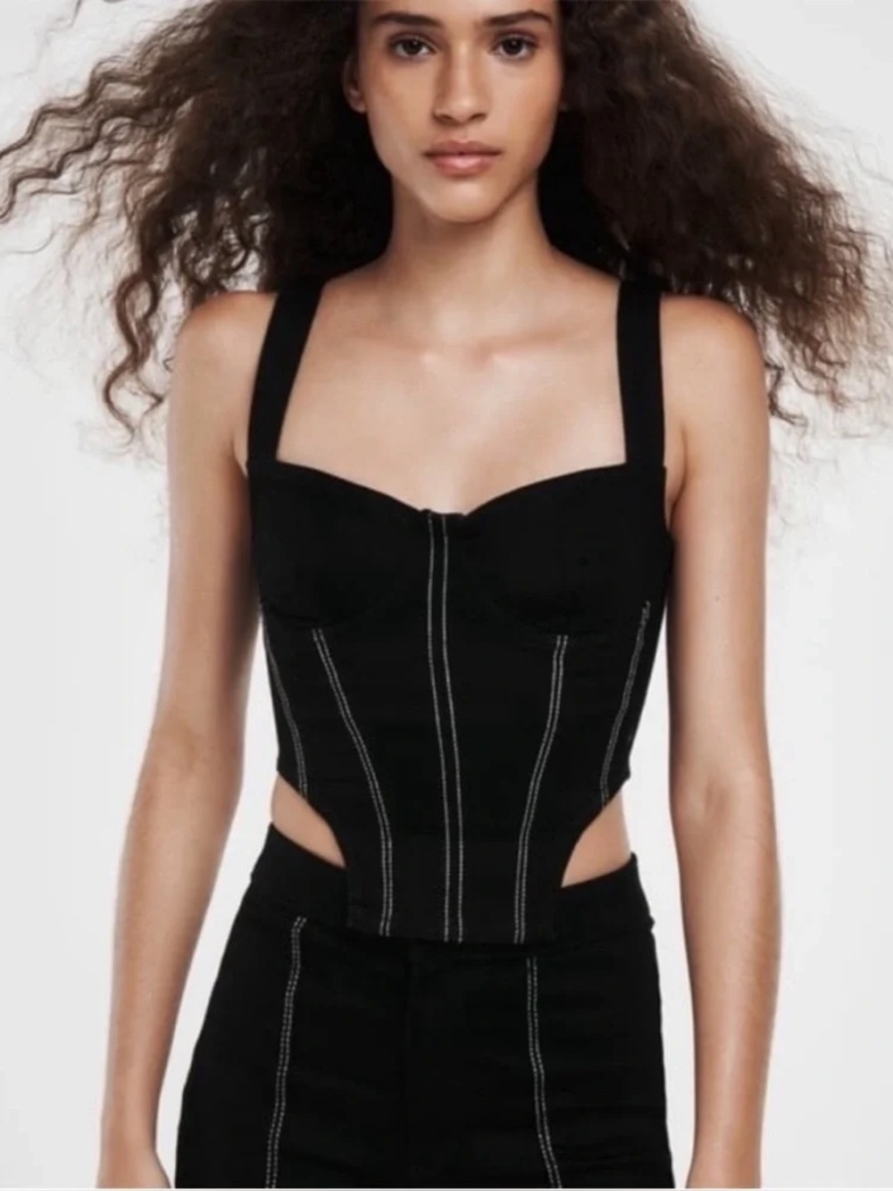 Zara Black Corset Crop Top with Contrast Stitching